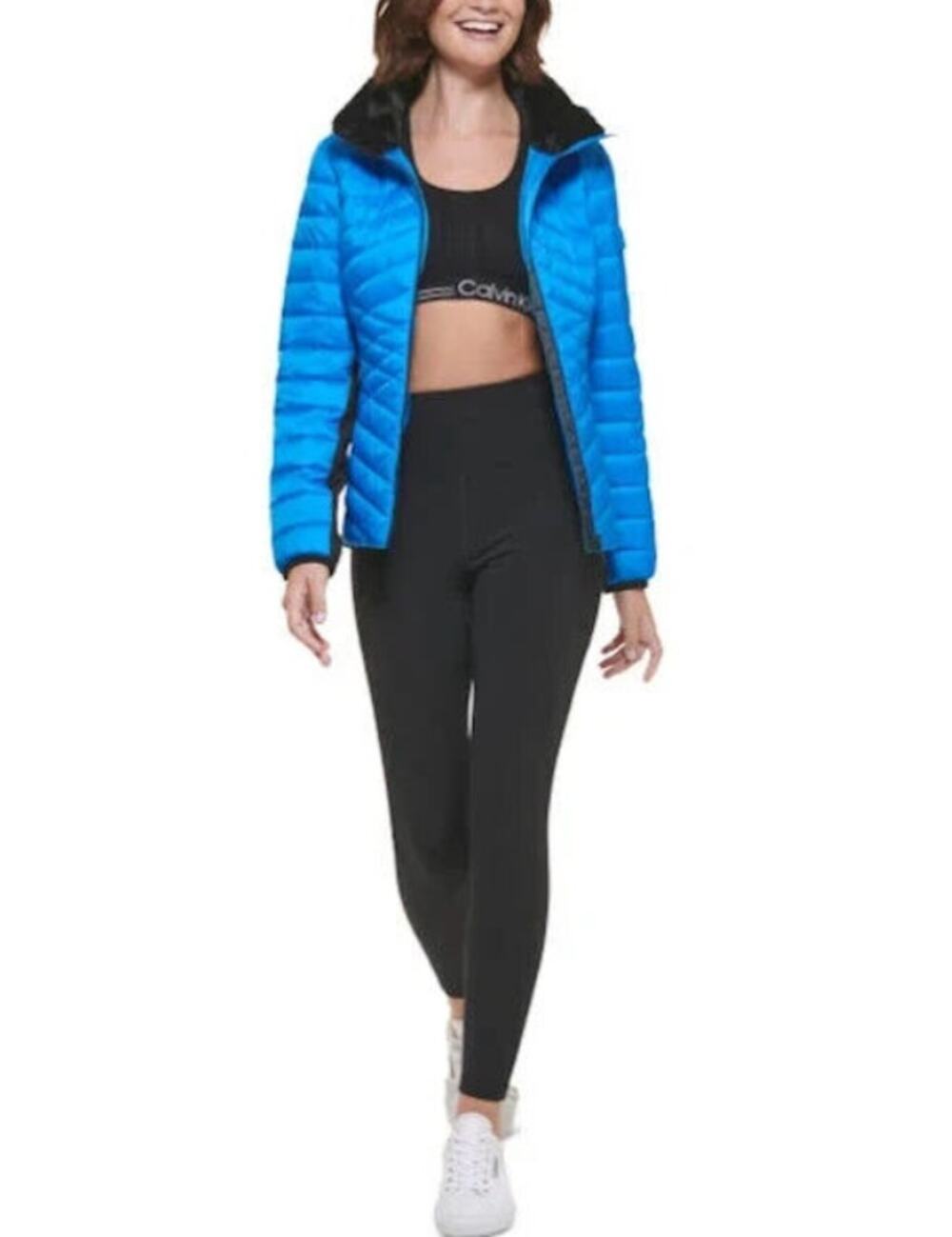 CALVIN KLEIN PERFORMANCE Puffer Coat Medium Blue Black Hooded Mixed-Media NWT